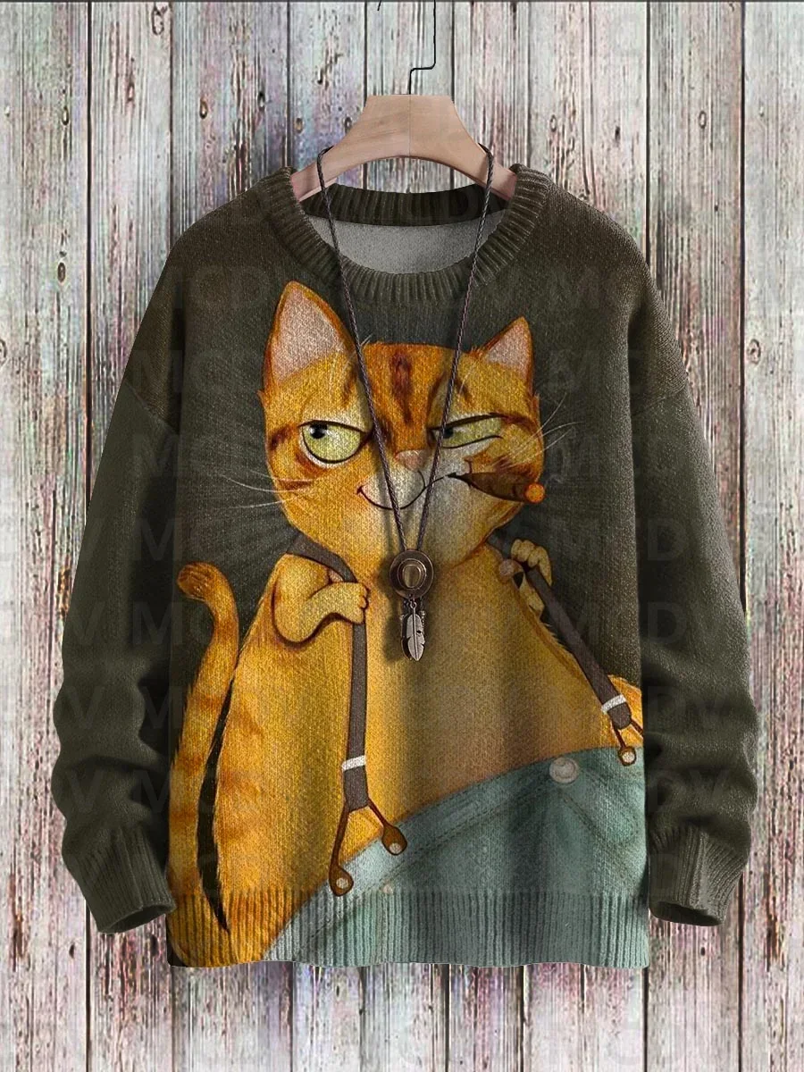 Cute Black Cat Play The Piano Art Pattern Print Casual Knit Pullover Sweater