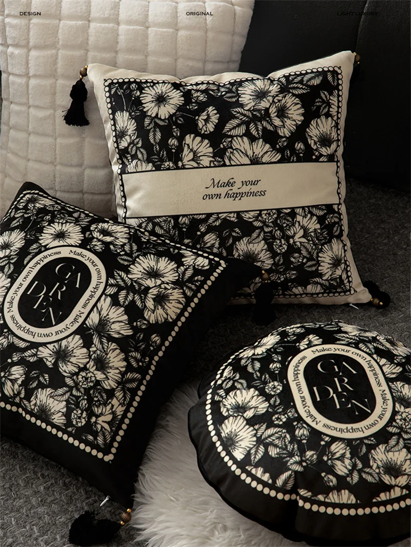 Luxury Velvet Cushion Cover Home Decoration, Black and White, Pillowcase Shell, Floral Farmhouse, Vintage Coach Sofa Bed and Car