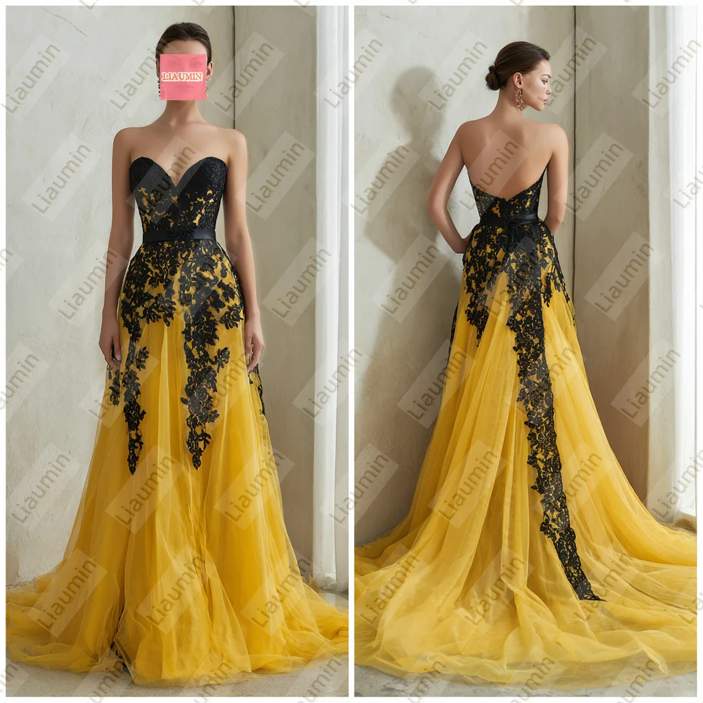 

Yellow Tulle Black Lace Applique Sweetheart Neck Lace-up Back Evening Formal Wedding Occasion Prom Dress Customized W20.1.22