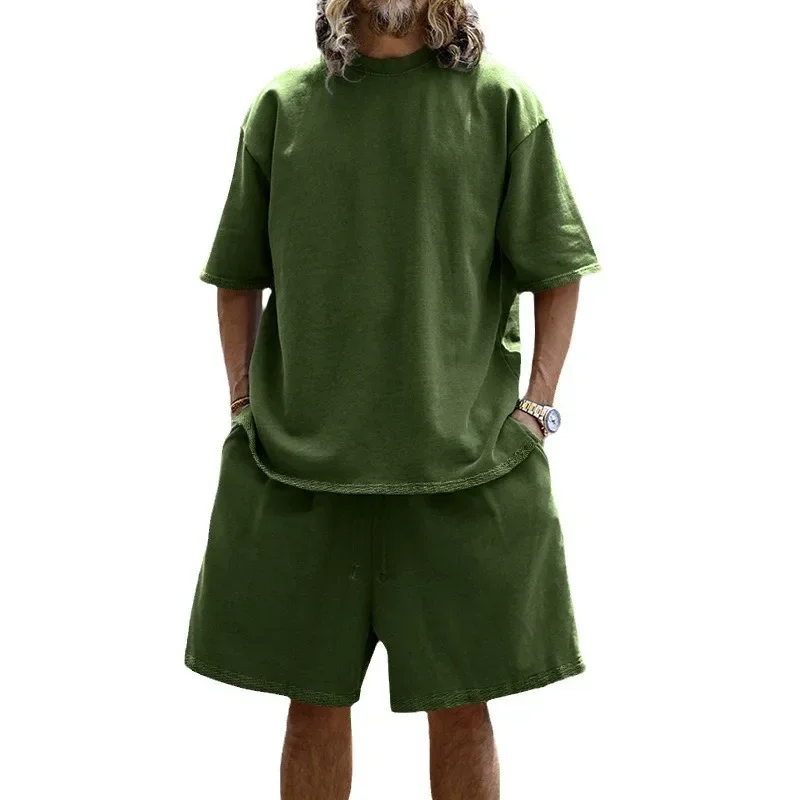 

New Men Summer Casual Pullover O Neck T Shirts Two Pieces Sets Knee Length Straight Shorts Solid Tees Sports Loose Pockets
