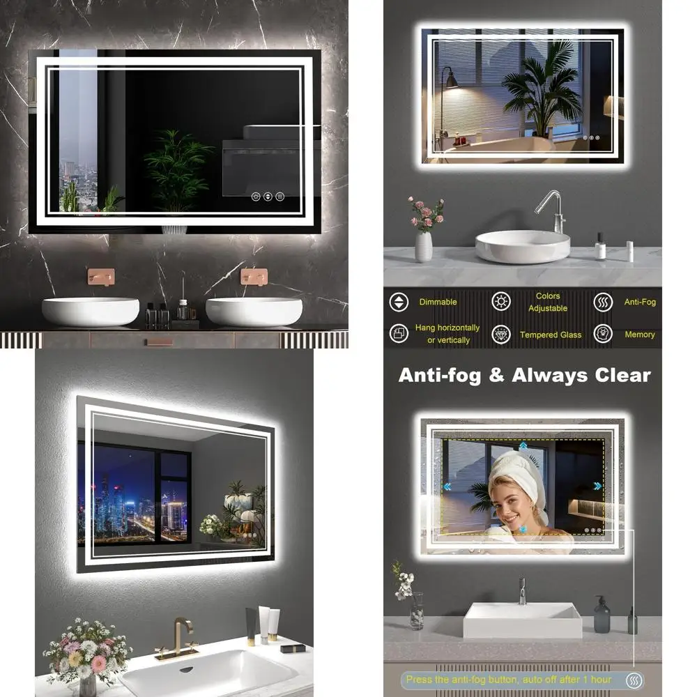 

Зеркало для ванной с LED-подсветкой 48x32 дюйма, 2 передних светильника, подсветка сзади, 3 цвета с регулировкой яркости, защита от запотевания, функция памяти, автоматическое выключение
