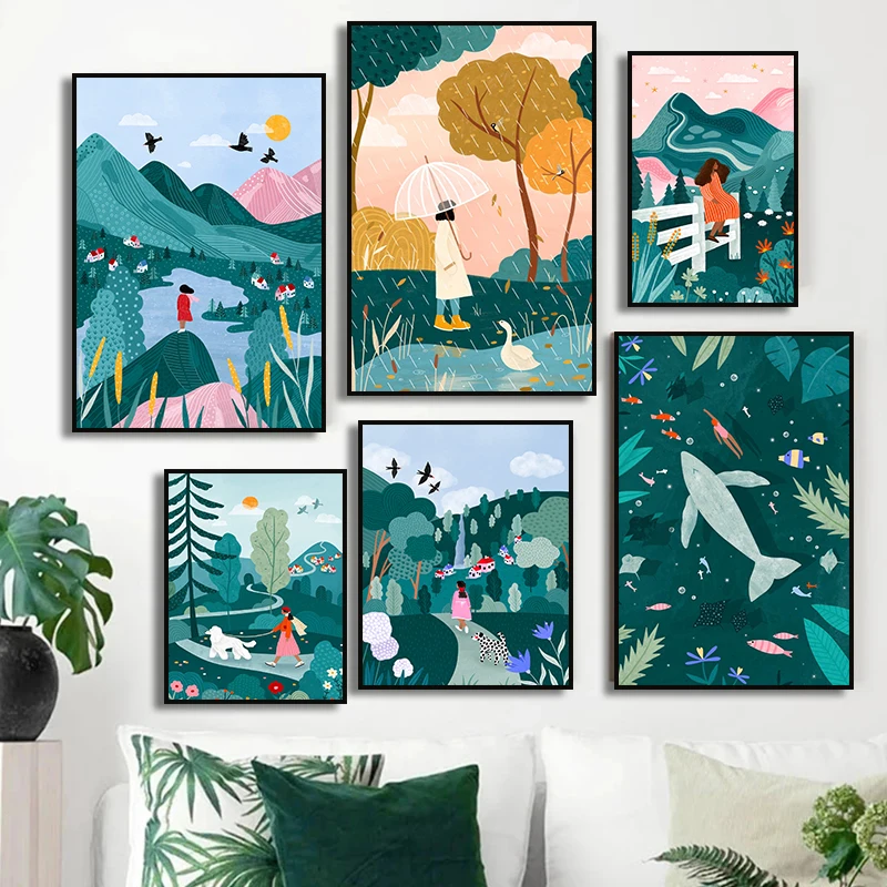 Girl with Dog Walk Forest Snowy Town Flower Ski Illustrated Landscape Poster Canvas Painting Print Living Room Art Home Decor view 3