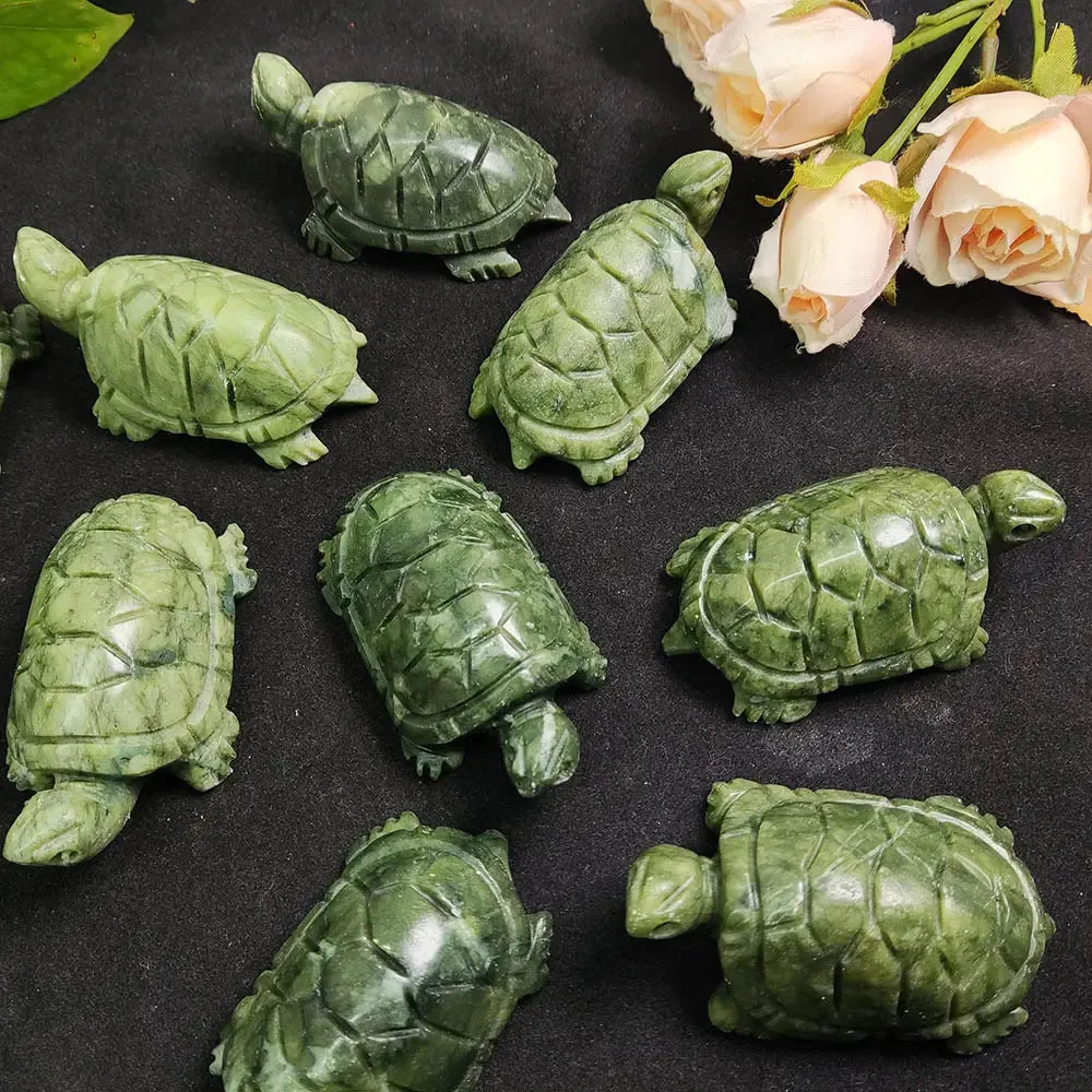 1Pc Sea Turtle Statue Green Nephrite Jade Ornaments Natural Reiki Stones Crystal Carving Craft For Home Table Decor Gifts