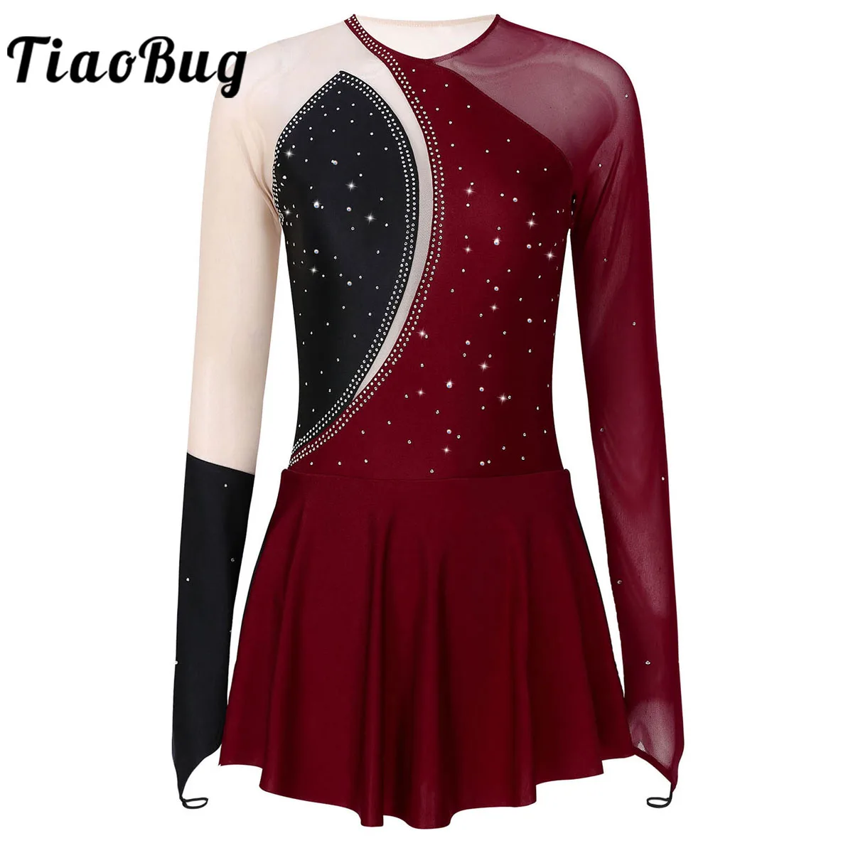 Womens Shiny Rhinestone Figure Ice Skating Dress Ballroom Roller Skating Competition Practice Stage Performance Leotard Costume