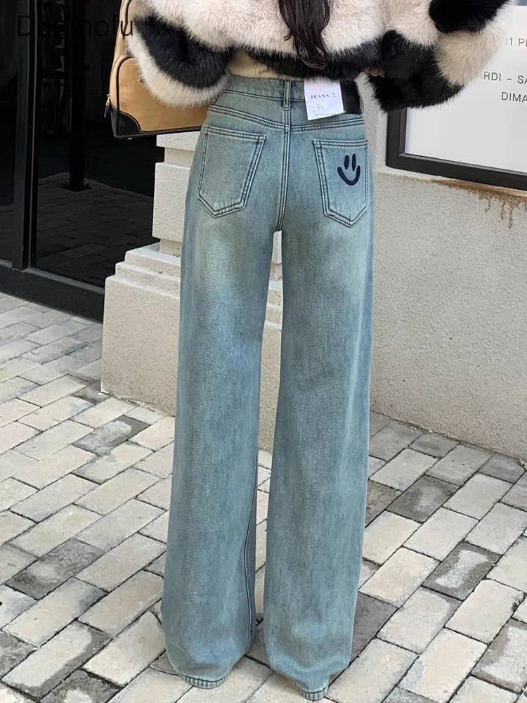 Duomofu Chic Embroidery Loose Straight Full Length Women Jeans Autumn Classic High Waist Slim Fashion Simple Casual Female Jeans