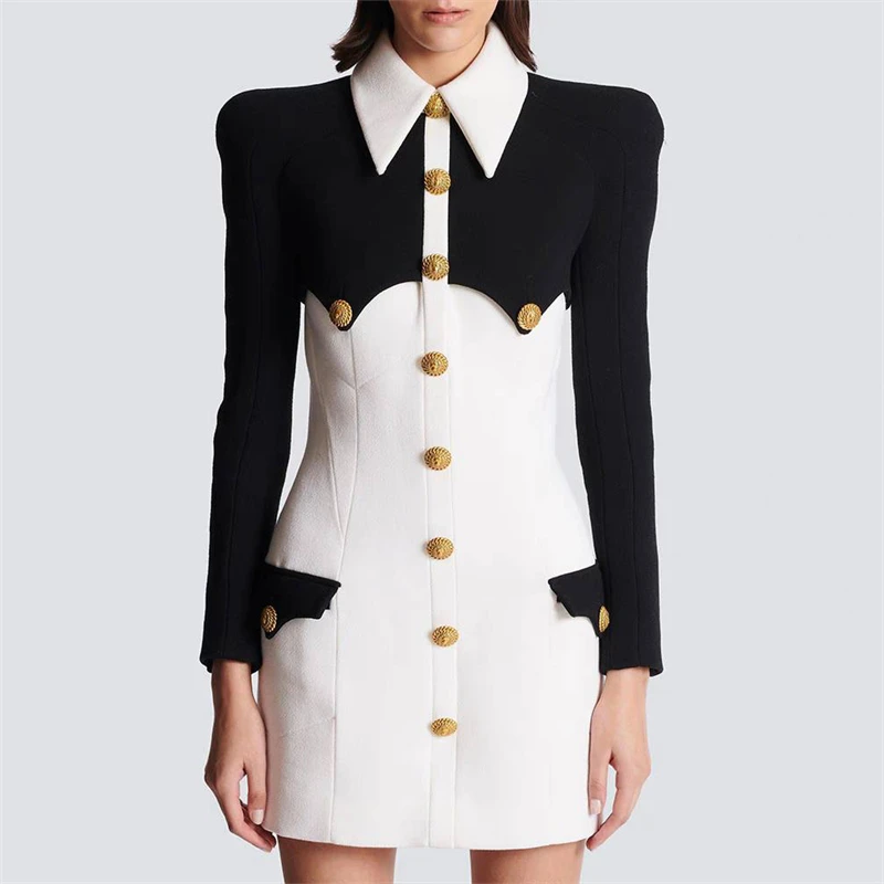 Spring new POLO collar long-sleeved dress y2k women's gold buckle decorated black andWhite stitching fashion versatileMini skirt