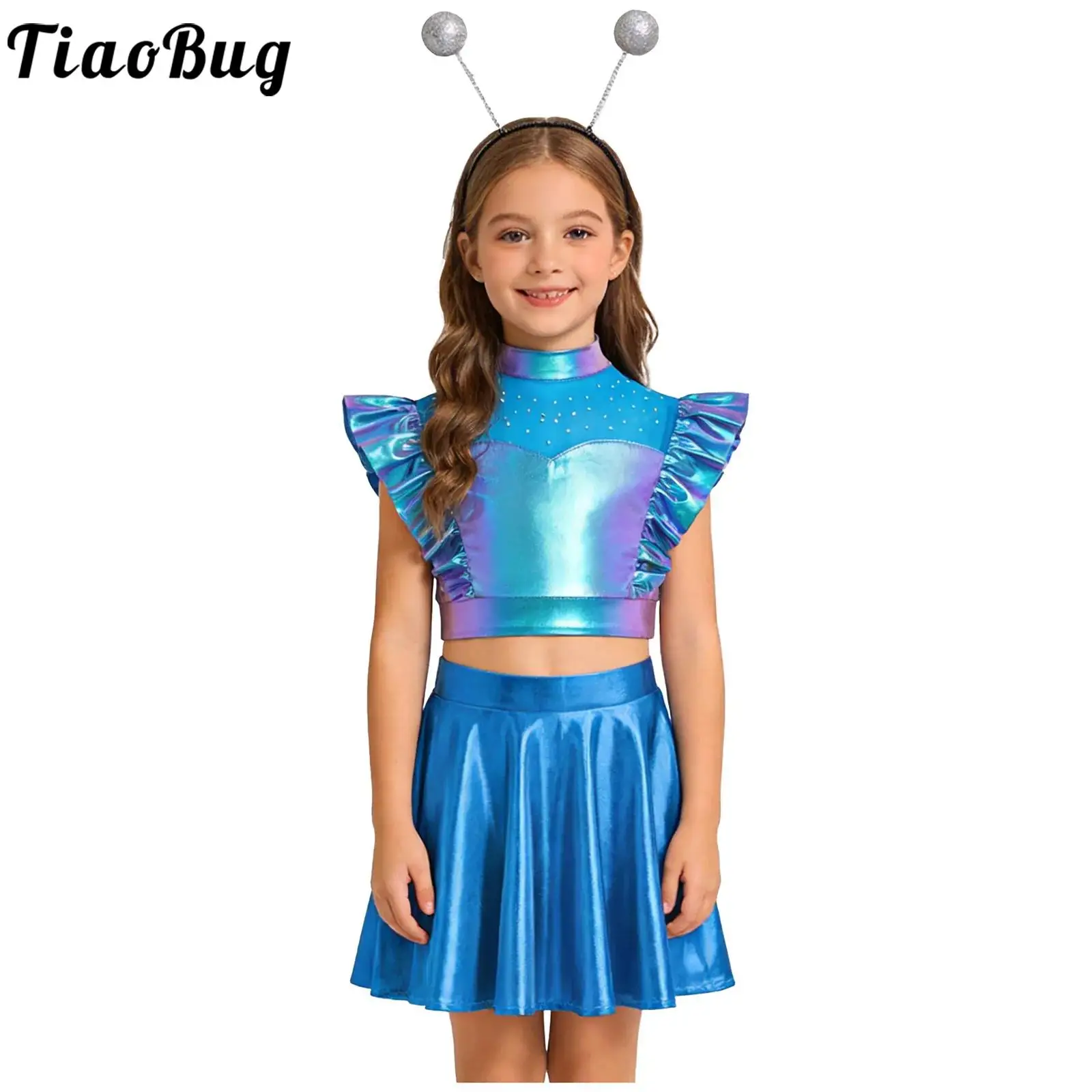 Kids Girls Alien Robot Cosplay Costume Metallic Shiny Crop Tops with Skirt Hair Hoop Halloween Outer Space Theme Party Dress Up