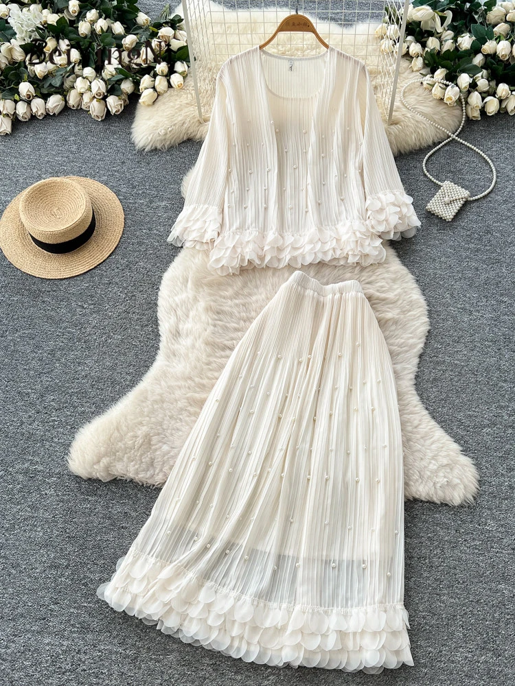 Beiyingni French Gentle Elegant Top + Skirt 2 Piece Sets Women Beading 3D Petal Long Sleeve Blusas Long Skirts Sets Female 2026