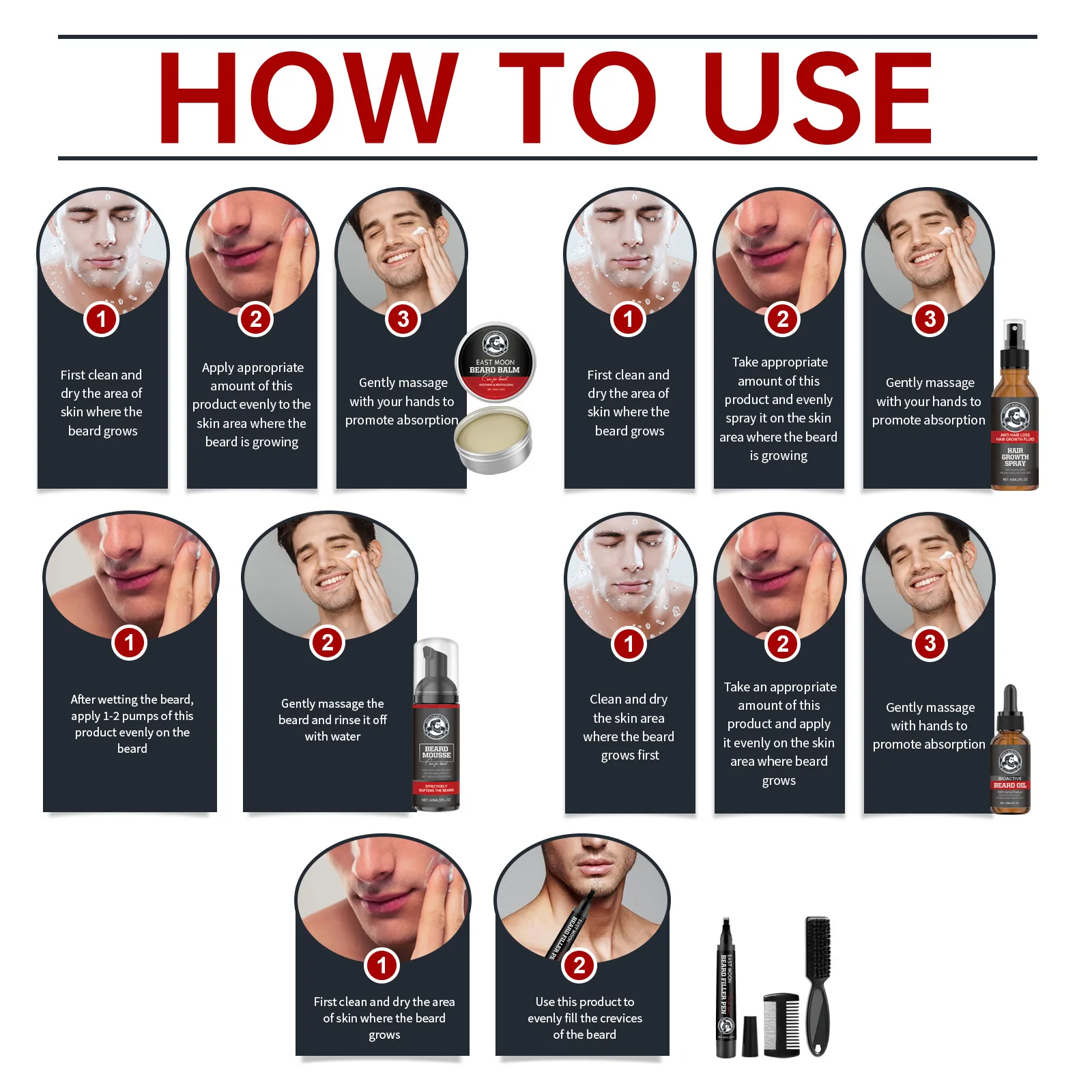 

East Moon Men Beard Care Set Deep Cleansing Oil Control Sooth Skin Efficient Moisturize Increase Toughness Moustache Nursing Kit