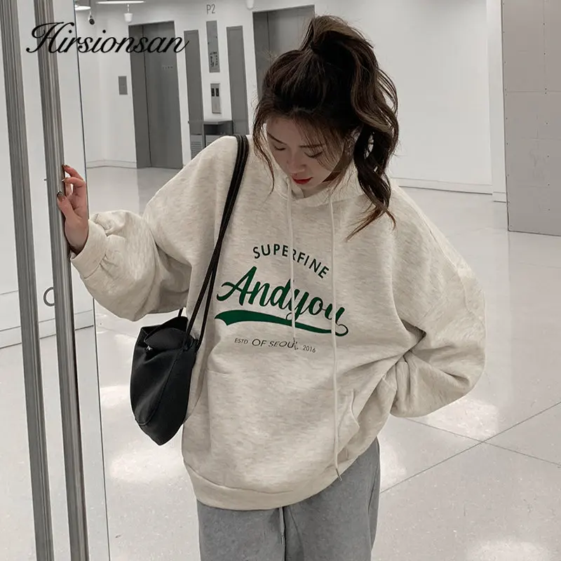 Hirsionsan Chic Vintage Fleece Hoodies Women Letter Print Soft Pocket Sweatshirt Korean Warm Pullover Loose Oversized Sportwear