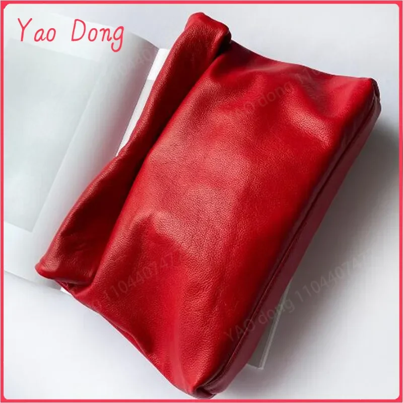 Yao Dong Personality roll-edge leather bag  lazy casual leather soft bag  Phone Women High Quality holding red large bag luxury