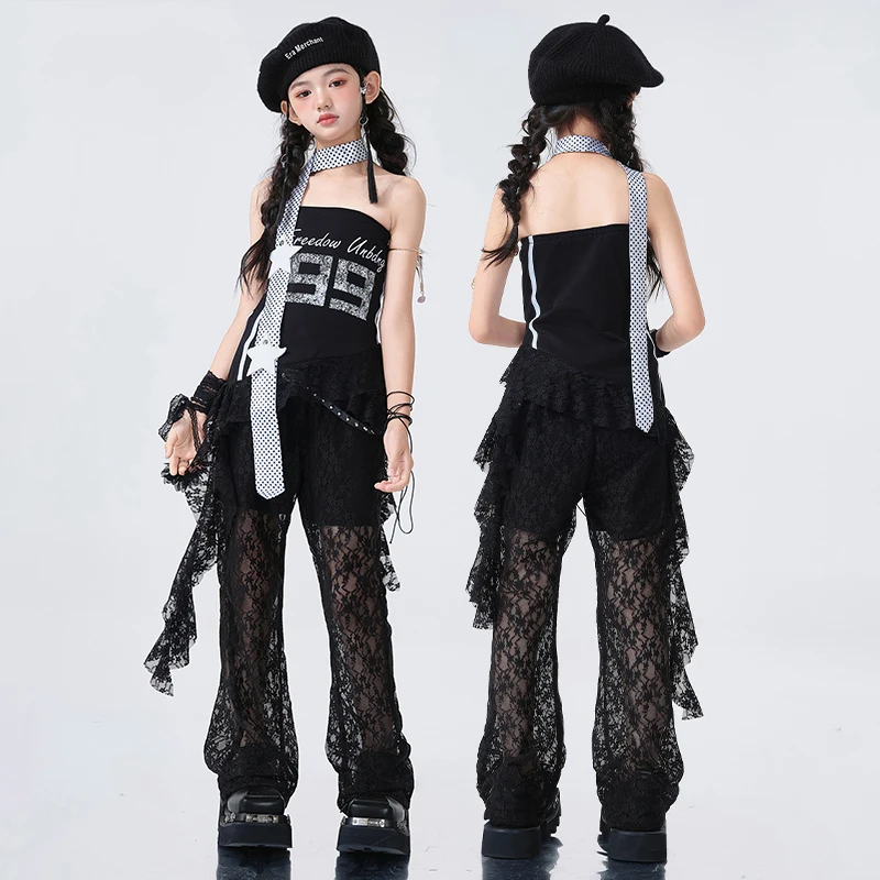 Kpop hip hop roupas de dança meninas jazz dança umbigo topos calças rendas verão street wear festival concerto terno palco bl16213