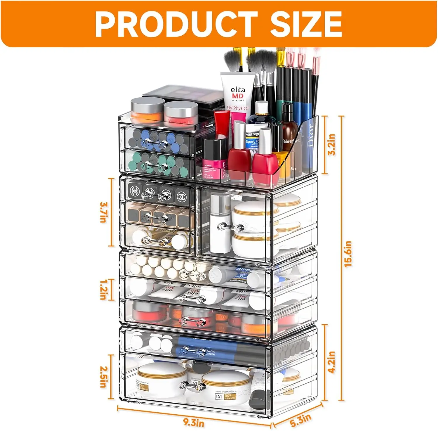 

4 Pack Clear Makeup Organizer - 11 Drawers, Stackable, Large Cosmetic Storage for Counter, Bathroom Vanity