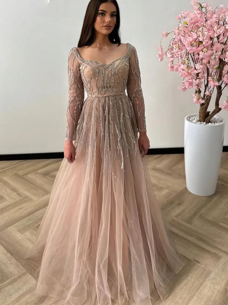 Maßgeschneidertes Champagner-Hochzeitskleid mit Pailletten und langen Ärmeln, arabische Damen-Abschlussballkleider, A-Linie, Tüll, elegante, maßgeschneiderte Anlasskleider