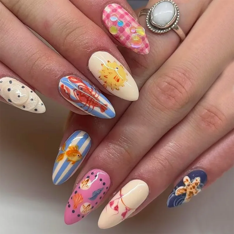 

24PCS Almond Beach Theme Press on Nails Lobster Puffer Fish Starfish Design False Nails European American Sweet Spicy Nail Art