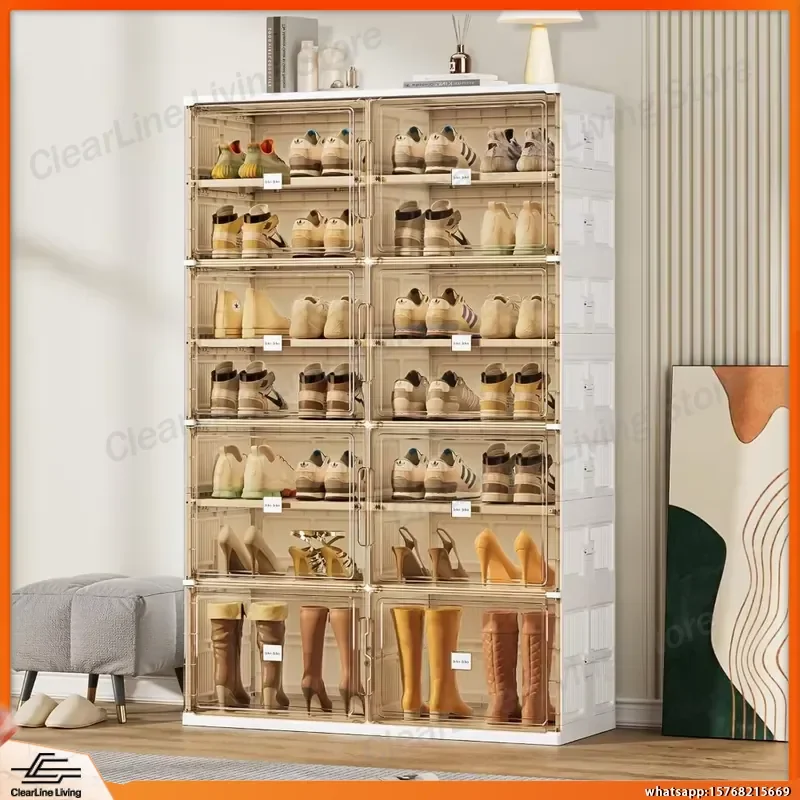

7-Tier Foldable Shoe Rack with Magnetic Doors Large Collapsible Shoe Organizer for Closet Entryway Hallway Bedroom Living