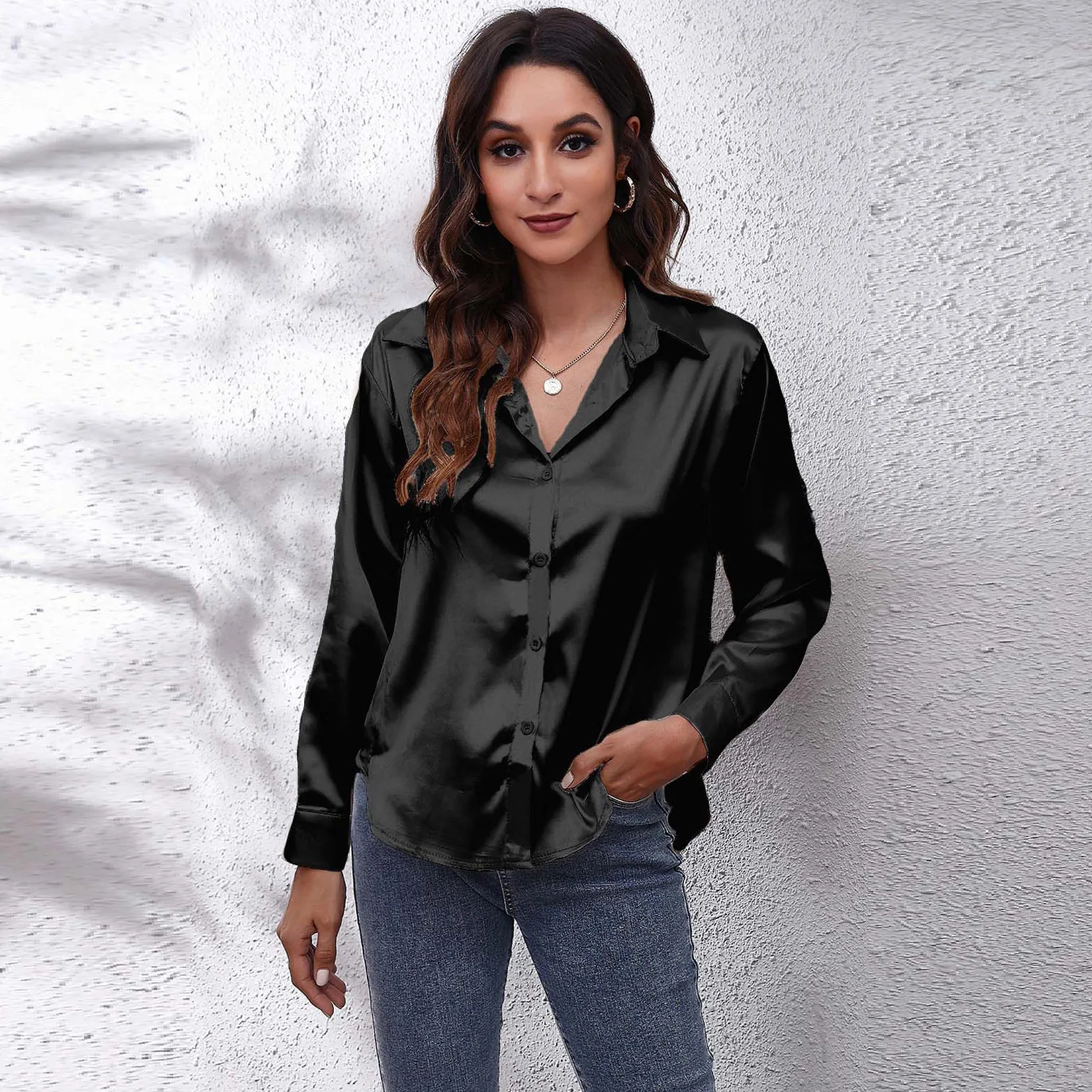 Women's Shirt Women's Satin Long Sleeved Shirt New Solid Color Shirt European and American Foreign Trade Women's Clothing