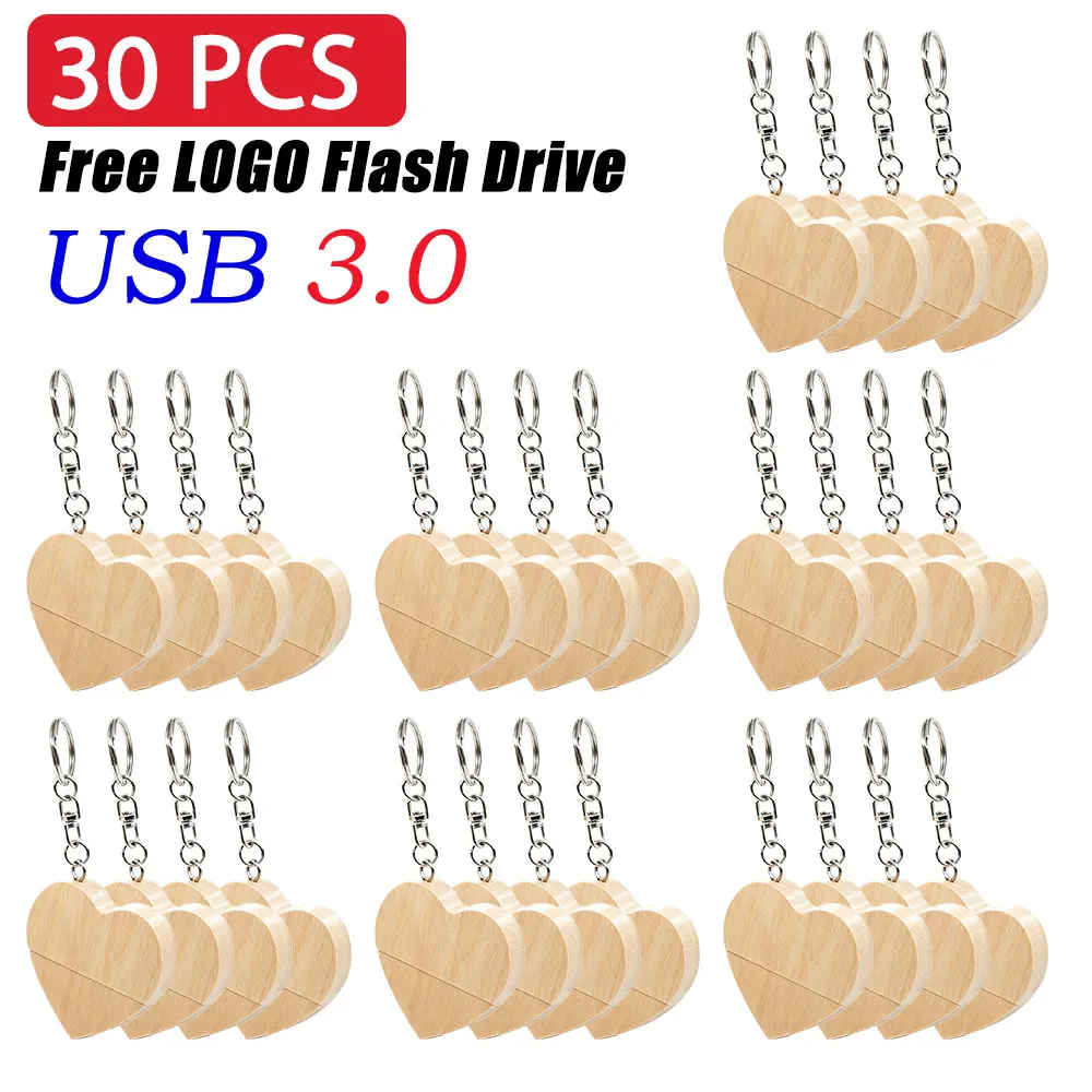 30PCS USB 3.0 with Box Wooden Love Heart Model Usb Flash Drive Memory Stick 64GB 16GB 32GB 4GB Wedding Gifts Free Custom Logo