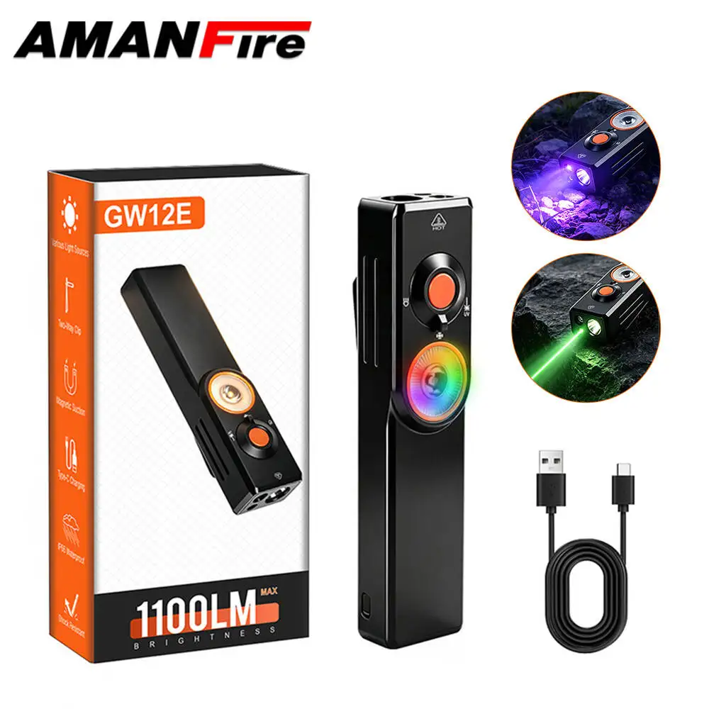 Amanfire GW12E 1100LM EDC LED Flashlight Type-C 100M Work Handheld RGB Magnetic Back Clip UV Purple Emergency IP66 Flashlight