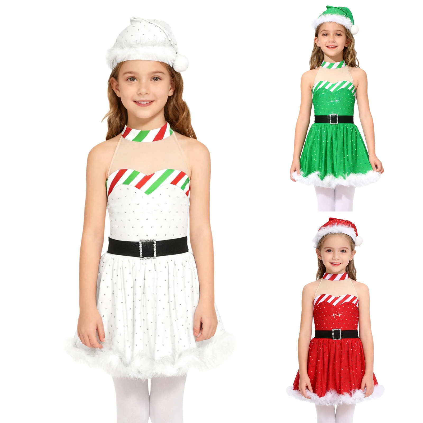 الفتيات سانتا عيد الميلاد ملابس رقص قصب الحلوى مخطط الباليه توتو فستان رقص بلا أكمام شبكة الراين يوتار فستان قبعة مجموعة #5