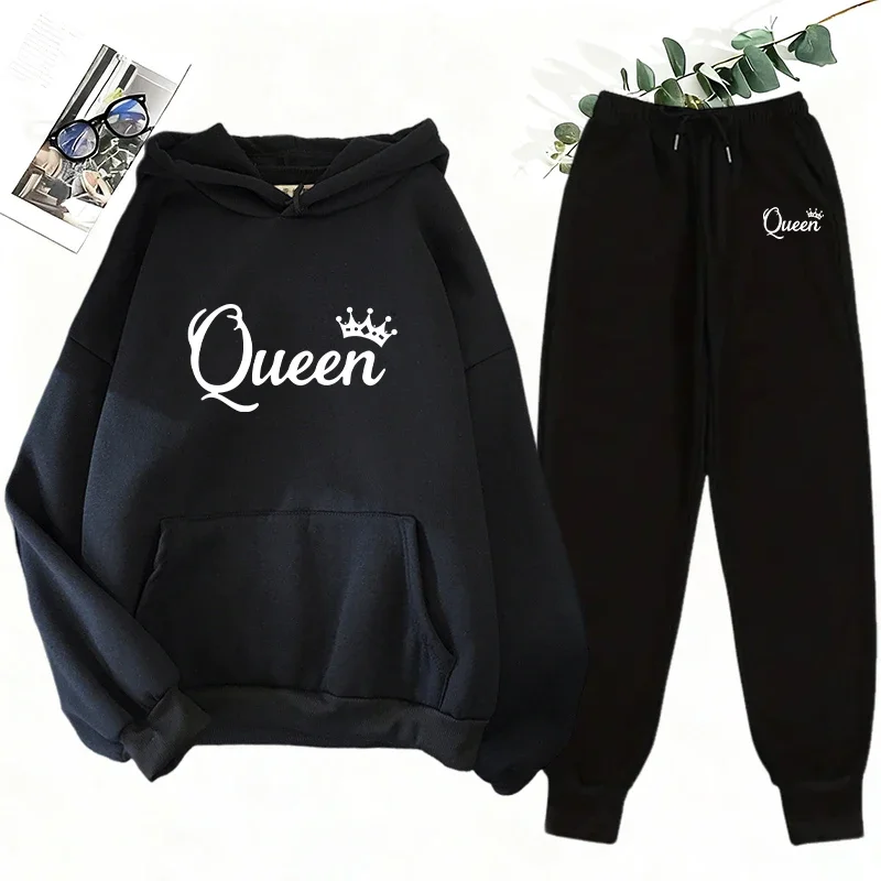 Women's 2 Piece Matching Set Queen Print Hoodie and Sweatpants Casual Street Style Outfit Autumn Winter Home Outdoor Sportswear