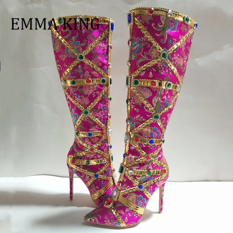 

Women Gemstone Embellishment Mid-calf Boots Sexy Pointy Toe Stiletto Heel Floral Satin Boot Ladies Sparkling Wedding Party Shoes