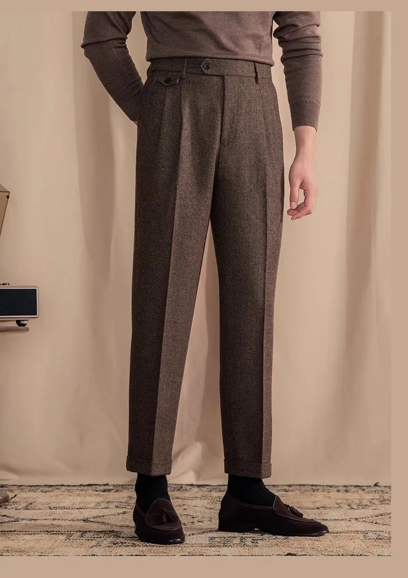 Italian Vintage Suit Pant For Men Autumn Winter Wool Herringbone Pattern Straight Trousers British Style Business Casual Pants