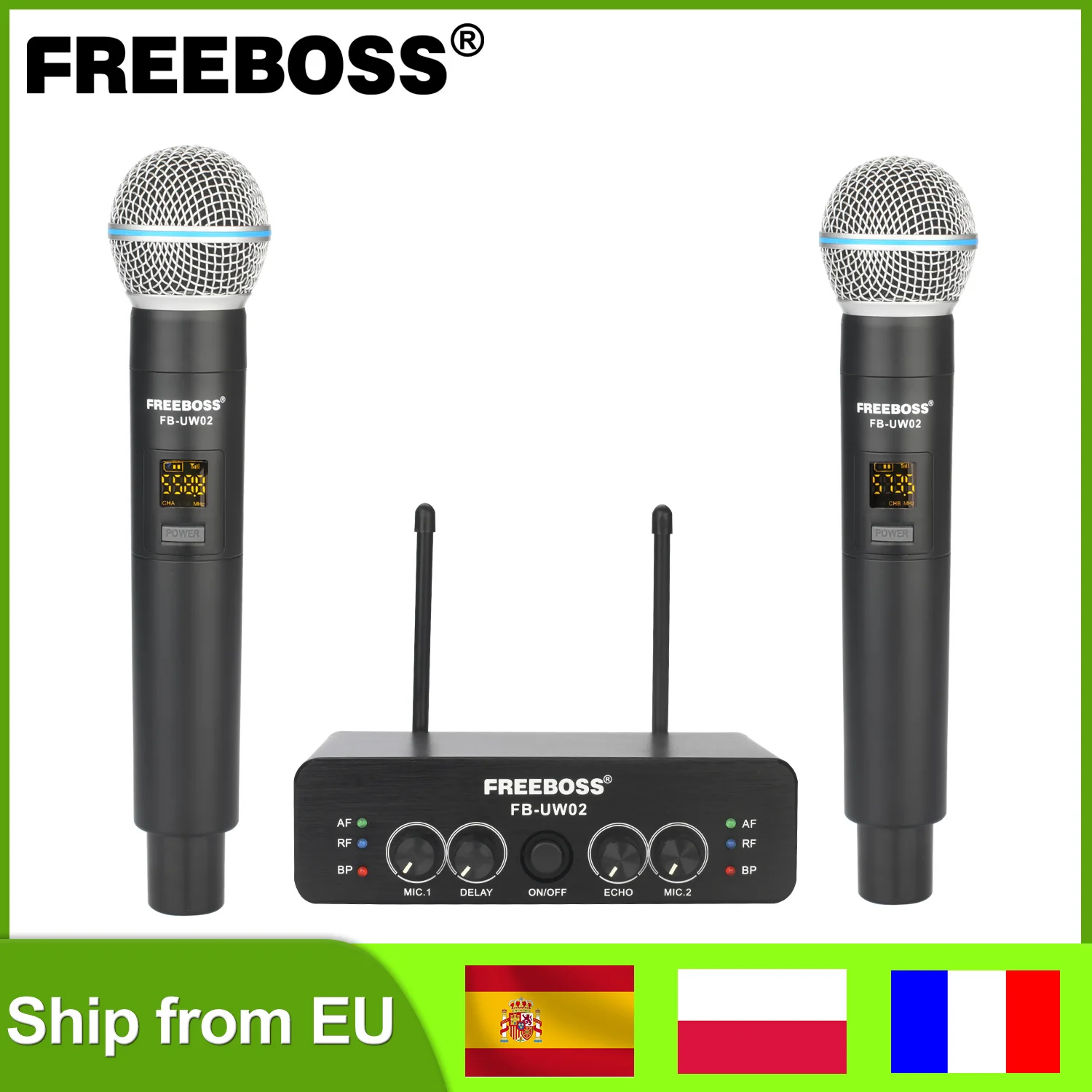 FREEBOSS Delay Effect Echo 2 Handheld Adjustable Frequency Party Church Wireless Microphone 30m UHF Dynamic Mic System FB-UW02