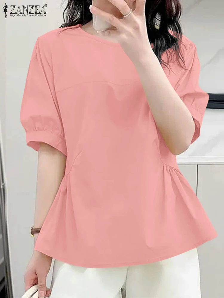 

ZANZEA Gathering Detail Casual Blusas Mujer Solid Color Fashion O-Neck Half Puff Sleeve Tops Day Wear 2025 Summer Woman Blouses