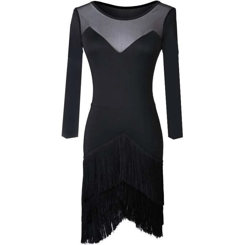 2023 New Adult Costume Latin Dance Dresses Dress Women Tassel Long Sleeve Autumn Winter Gauze Performance Training Tango Clothes