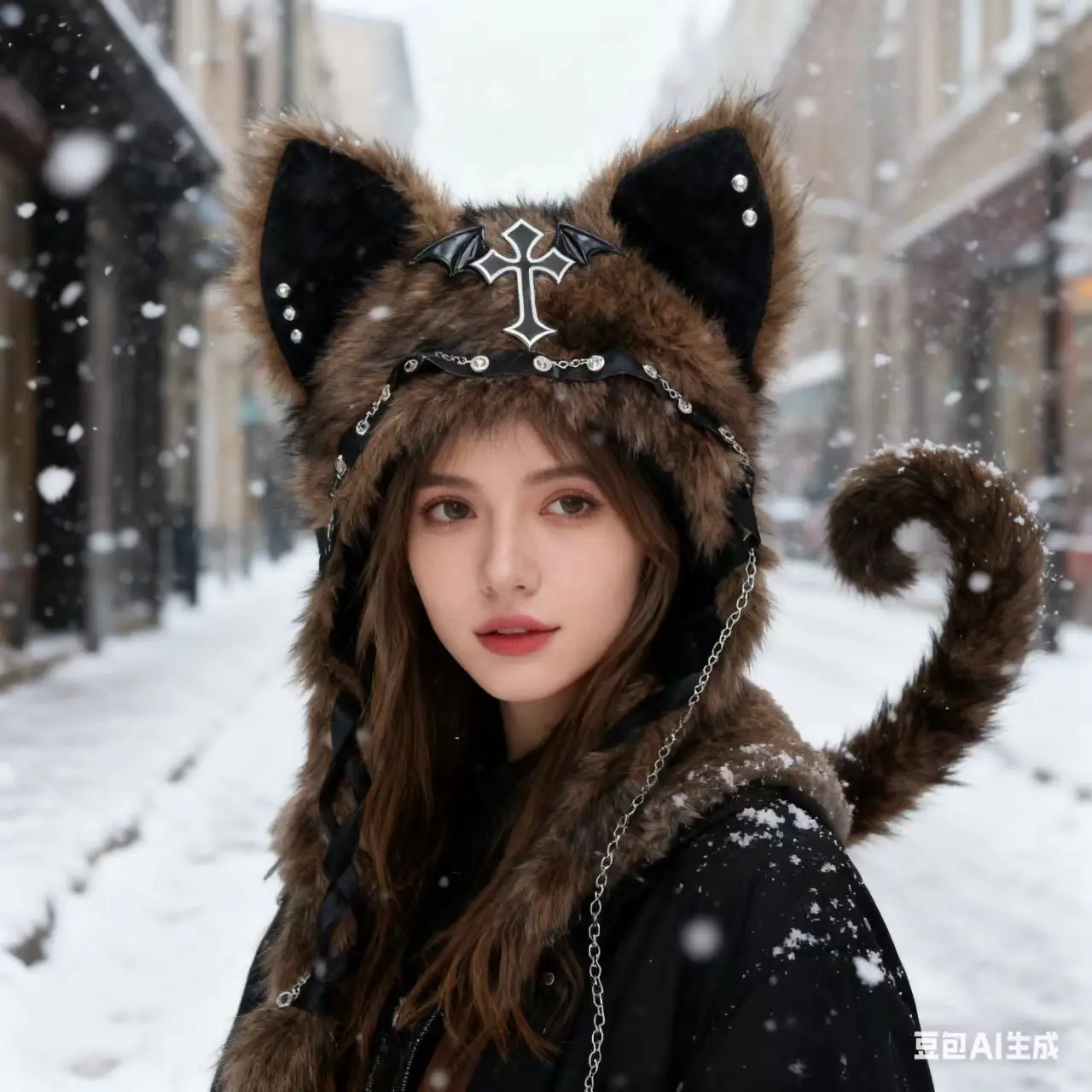 New Gothic Punk Cat Ear Hat with Cross Wing Chain Decoration Plush Warm Winter Cap for Alternative Girls Y2K Rock Music Festival