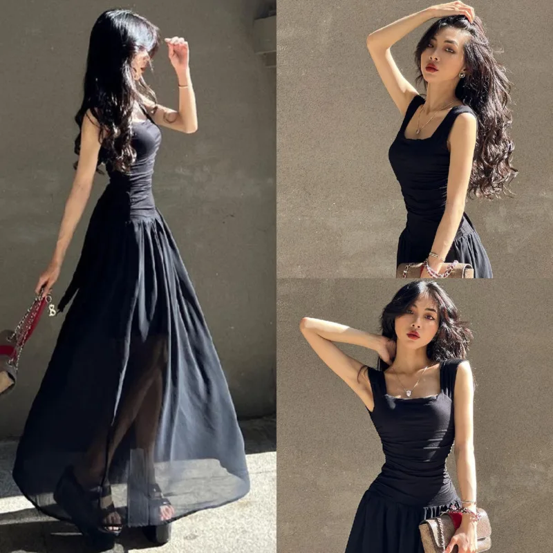 

Fashionable Black Sleeveless Slim Fit Women's Dress 2024 Summer Mesh Suspender Waist Length Skirt Versatile High Waisted Skirt