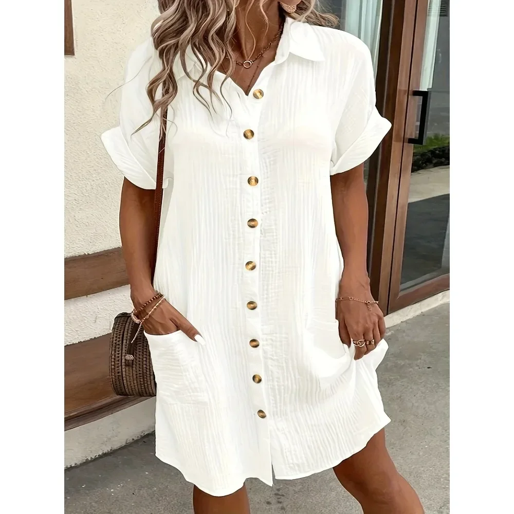 Tallas grandes 1XL-5XL Primavera y otoño Falda de vestido con botones de solapa simples de verano caliente europea y americana