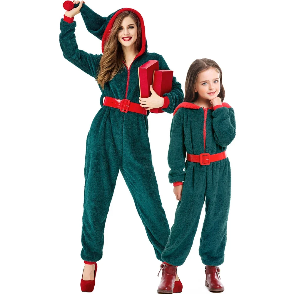 Women Girls Christmas Green Hooded Pajama Coral Fleece Solid Color Zipper Jumpsuit Lady Winter Homewear Cosplay Party Costume