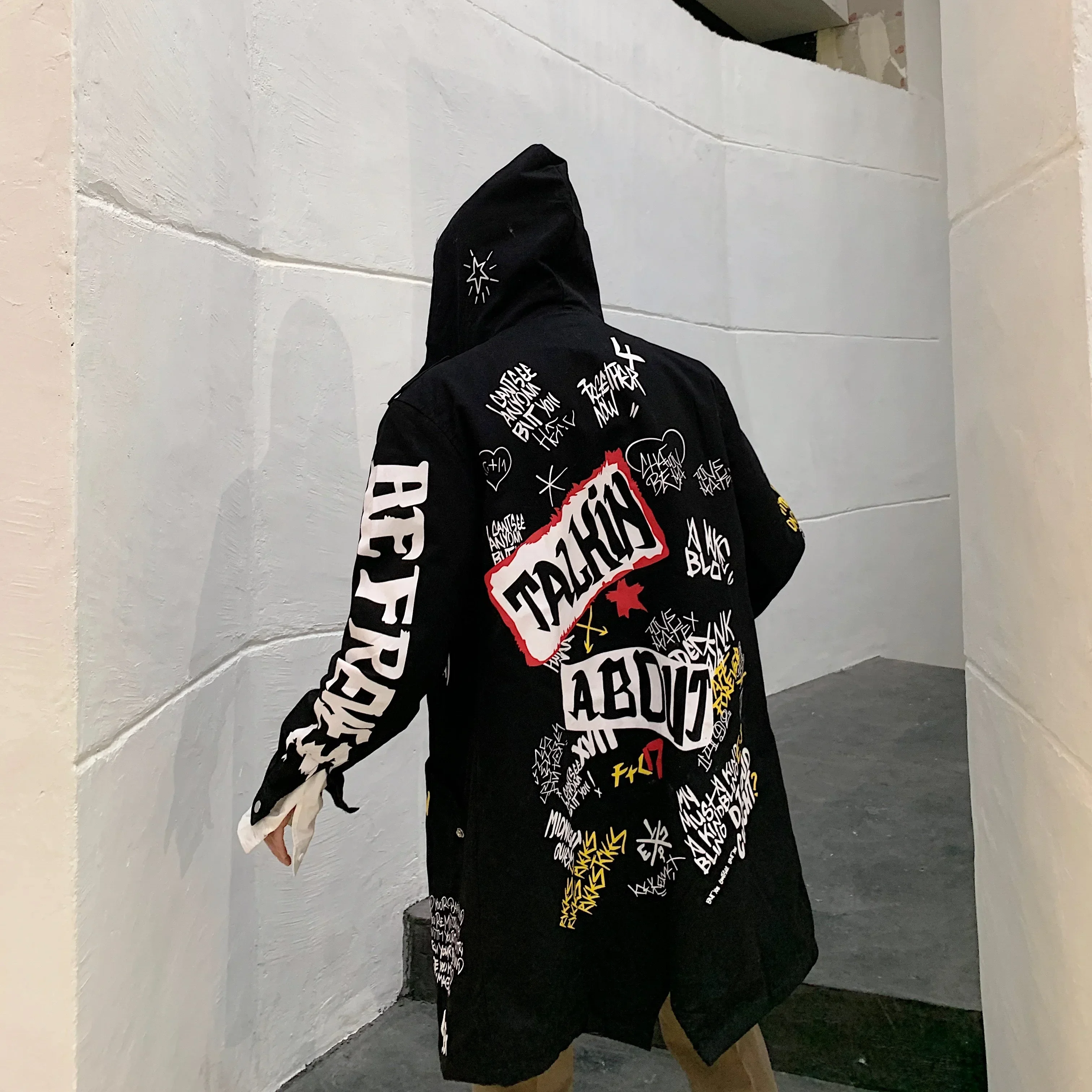 Letter Print Jacket for Men Graffiti Trench Coat Hip Hop Clothing Teen Autumn Fashion Trend Harajuku Streetwear Long Windbreaker