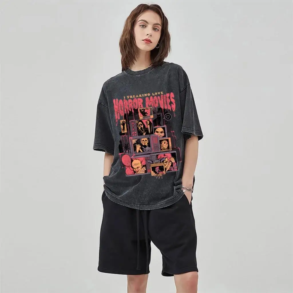 Kanye Anime Horrible Graphic Design T-shirt Pure Cotton Various Colors Y2k Washed Denim T-shirts Unisex Short Sleeve Tops Tees