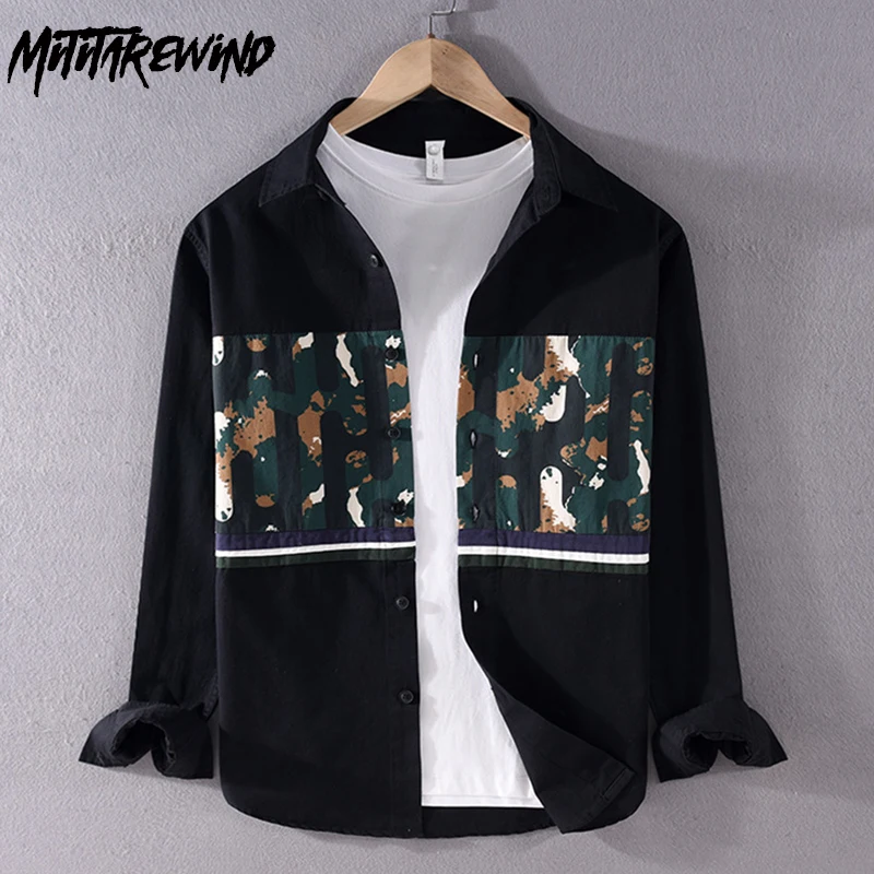 

Spring Summer New Male Shirt Street Casual Long Sleeve 100% Cotton Shirts Printed Patchwork Design Shirt Korean Popular Clothes