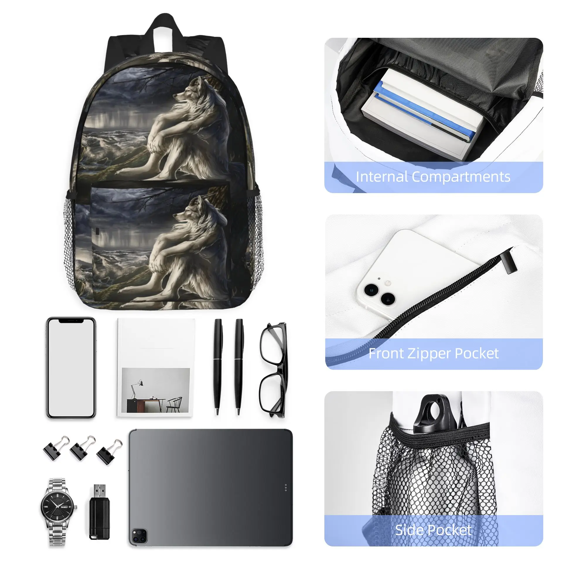 emo white wolf sitting sad meme Backpack Hot Sale Daypack Large Capacity Boy Girl BookBag Shoulder Bags for Men Women School Bag