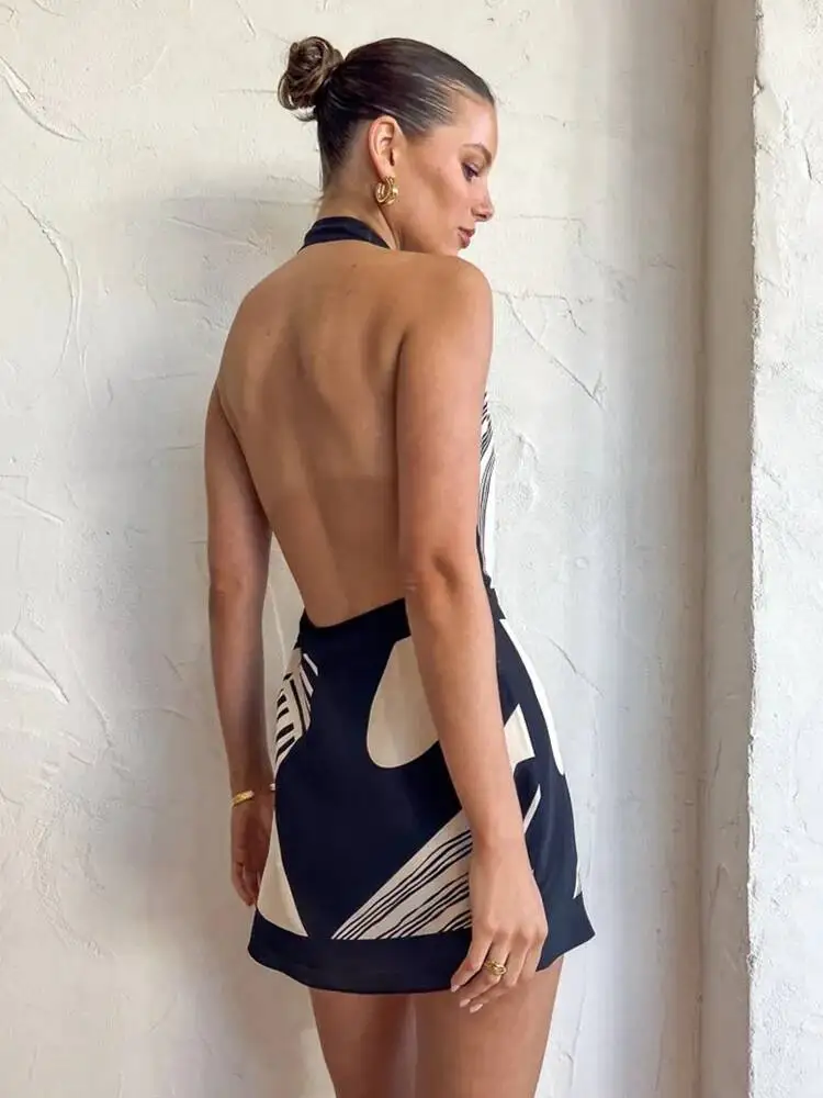 Sexy clube impressão a linha vestido feminino moda halter rendas sem costas com decote em v bainha fina sem mangas vestidos robe bodycon 5fjo