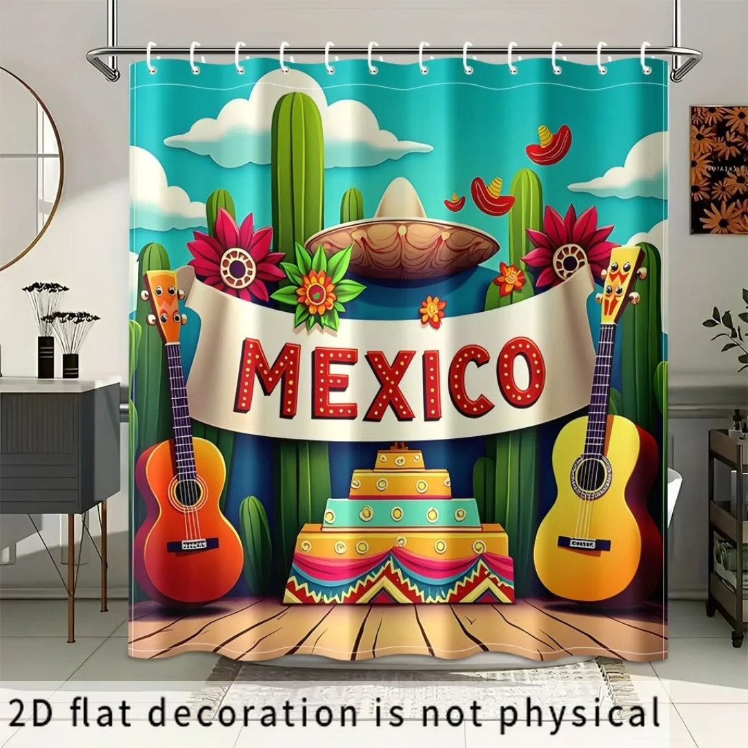 Mexican Fiesta Shower Curtain, Cactus Guitar Sombrero Pattern Waterproof Bath Curtain, Latin Tropical Decor for Bathroom Party