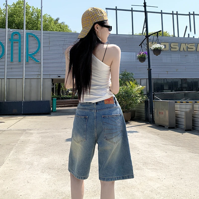 High Waist Blue Retro Washed Denim Shorts Women Summer Fashion Casual Loose Y2K Wide Leg Shorts Pants