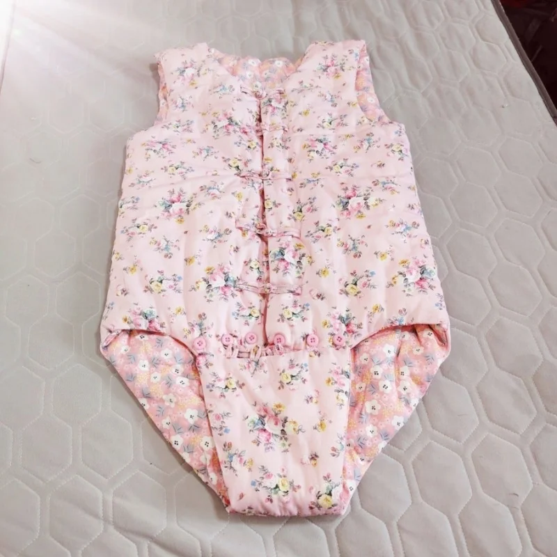 Handmade Floral Print Bodysuit, Chinese Frog Buttons Filled Cotton Soft Puffy Warm Sleeveless Jumpsuit Women Men Onesie
