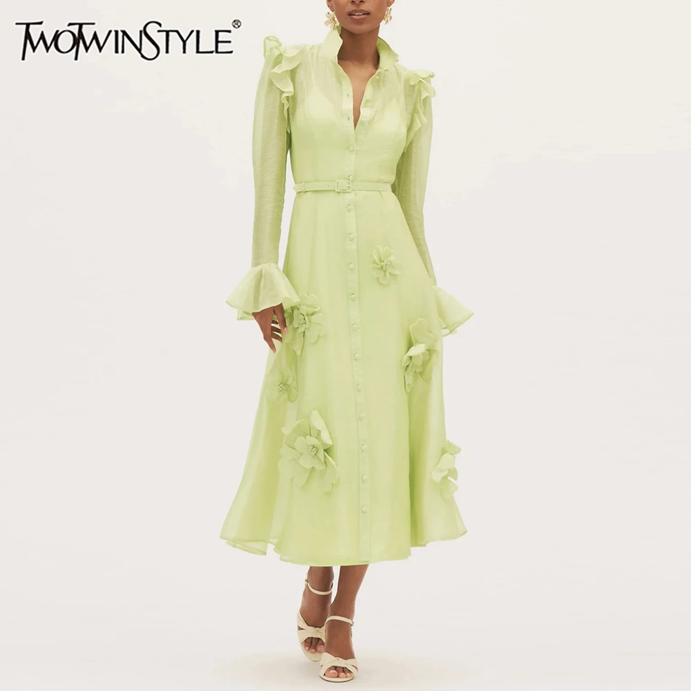 

TWOTWINSTYLE Solid Spliced 3D Flower Elegant Dresses for Women High Neck Long Sleeves Patchwork Single Breasted Dress Female New