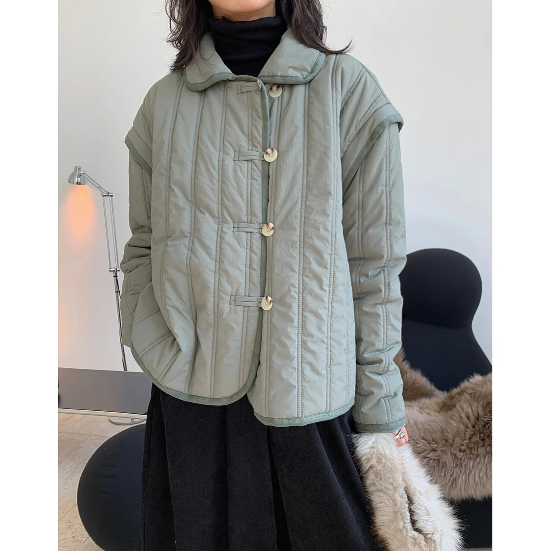 Women\'s Winter New Japanese Quality Design Polo Collar Cotton Coat Button Loose Warm and Comfortable Coat Jacket