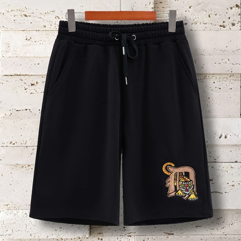 Lyprerazy Men's Casual Straight Cotton Loose Tiger Design Embroidered Embroidery Shorts Chinese Style