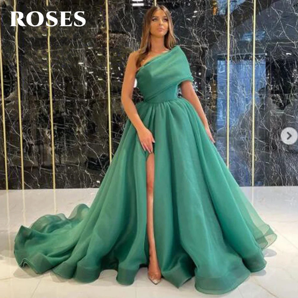 Rozen Hoge Split Prom Dress Tulle فساتين ال Avond Feestjurk Court Trein Prom Jurk Een Schouder Formele Jurk Vestido De Festa