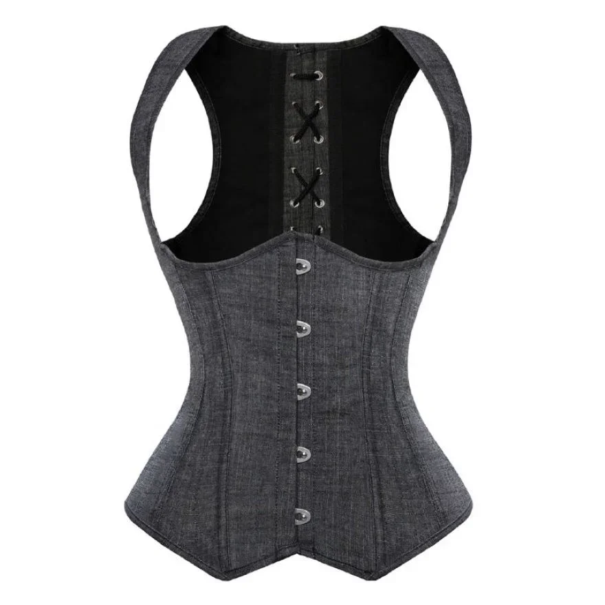 Underbust Corset Top with Straps Blue Denim Jean Waist Trainer Bustier Body Shaper Vest Plus Size Corselet