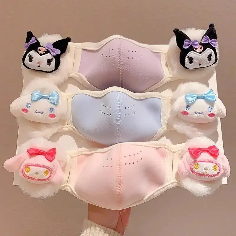 Hello Kitty Anime Kawaii MINISO Children Warm Mask Earmuff Cute Cartoon Cinnamoroll Cold Protection Thick Velvet Mask Gifts