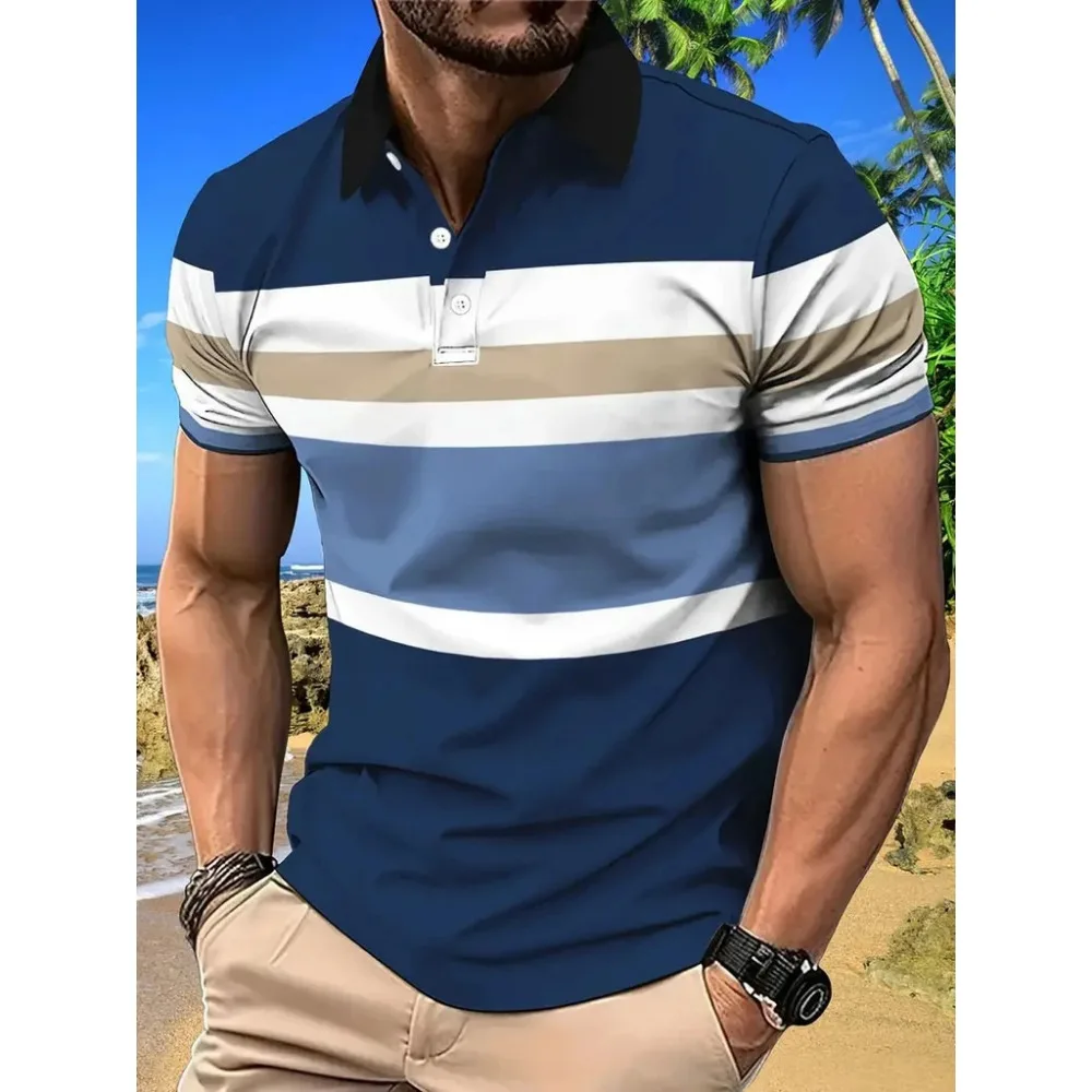 Camiseta de Verano con Estampado Digital 3D, Cuello Redondo, Rayas de Colores, para Negocios y Desplazamientos, Camiseta Polo de Manga Corta
