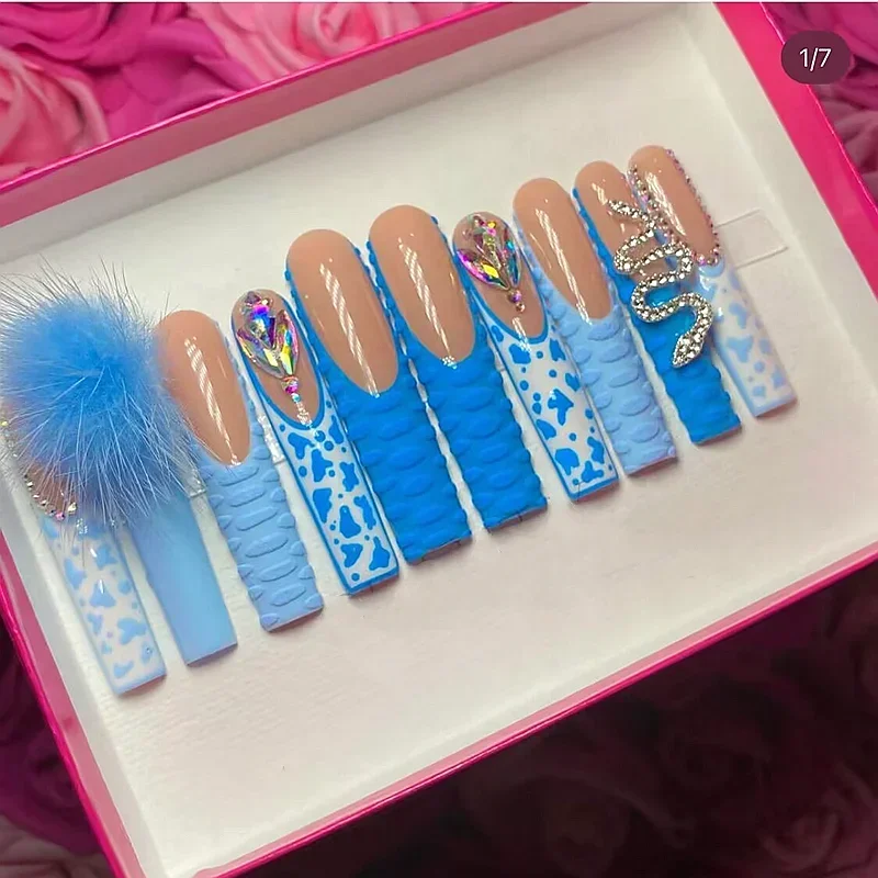 Handmade 5CM XXXL Long Press On Nails Y2K Glitter Rhinestone False Nails Reusable Thick Acrylic Fake Nail With Glue Manicure